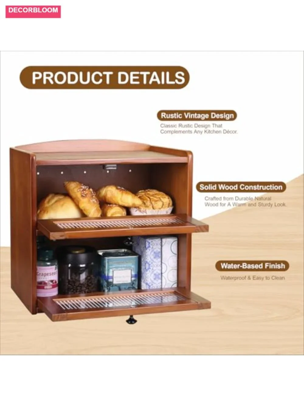 Large 2-Tier Wooden Bread Box for Kitchen Countertop with Acrylic Windows